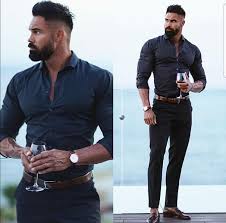 Summer Monochrome Combo With A Navy Button Up Shirt With Rolled Up Sleeves Brown Leather Belt Navy T Mens Casual Outfits Mens Fashion Illustration Mens Outfits