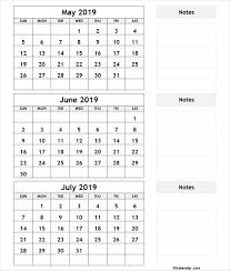 3 Month Calendar May June July 2019 With Notes 3 Month Calendar July Calendar Calendar Printables