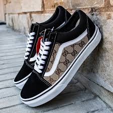Vans Black Old Skool x Authentic GG Fabric Custom Handmade Shoes by Patch Collection Mens 5 /Womens 6.5
