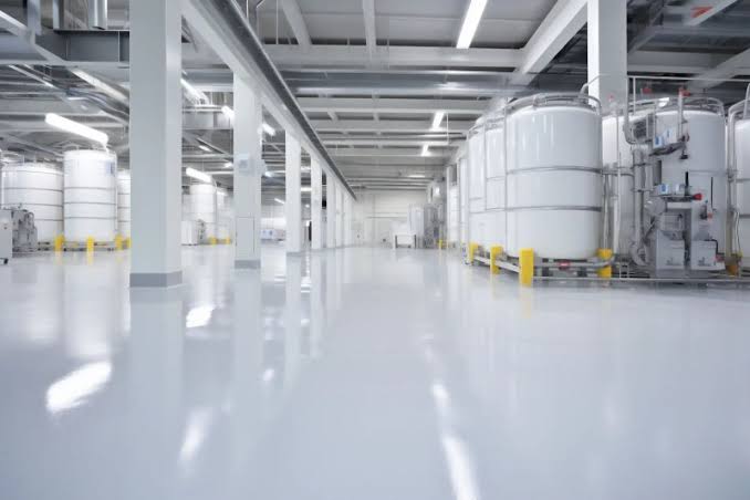 Usine agroalimentaire avec sol époxy blanc — hygiène et résistance