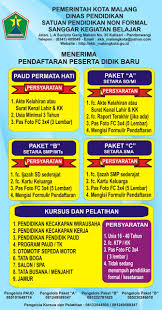 We did not find results for: Syarat Pendaftaran Paud Kejar A Kejar B Kejar C Dan Kursus Pelatihan Skb Dinas Pendidikan Dan Kebudayaan Kota Malang