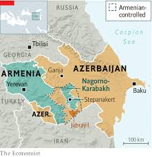 Located at the crossroads of eastern europe and western asia, it is bounded by the caspian sea to the east, russia to the north, georgia to the northwest, armenia to the west and iran to the south. The Azerbaijan Armenia Conflict Hints At The Future Of War The Economist