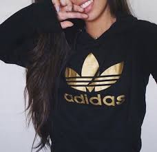 Black And Gold Adidas Zip Up Hoodie Adidas Originals Gold Logo Hooded Top Sweater Pullover Sweatshirt Hooded Tops Fashion Adidas Women