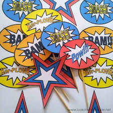 The first printable is a set of 6 large word bubbles highlighting the words bam, pop, pow, splat, zap and wham. Cake Topper Printable Superhero Buildings Novocom Top
