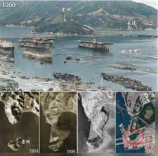 1954 1956 1960 1963 現在 醉酒灣上島嶼 青洲 航拍照尋找醉酒灣第一階段填海和己消逝醉酒灣青洲 今天仍有部份遺跡 1956年航拍照可看到先由德士古半島築一條長提到青洲 醉酒灣 英語 gin drinkers bay history pictures hong kong new town