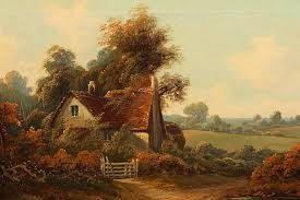 English landscape painters 19th century. 19th Century Oil On Canvas Of English Cottage