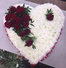 Based Heart Funeral Tribute Red Roses White Chrysanthemums Made By Butterflies And Blooms Www Butte Funeral Flowers Funeral Flower Arrangements Funeral Heart