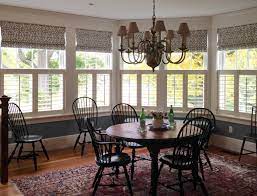 Flat fold or teardrop style. Cafe Shutters With Roman Shades Traditional Dining Room Portland Maine By Cloth Interiors Houzz
