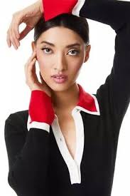 Alice + Olivia Pia Ribbed Knit Polo Black Red Sweater Size XS NWOT