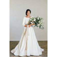 Modest Wedding Dress With Three Quarter Sleeves And A Full Skirt From Alta Moda Modest Brid Modest Wedding Gowns Modest Wedding Dresses Dream Wedding Dresses