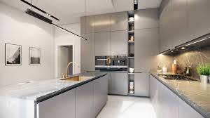 This midcentury modern kitchen in san diego, california features a waterfall island composed of white marble and rich gray veining matched with blue cabinetry. Modern Kitchen In Kuwait Viscato