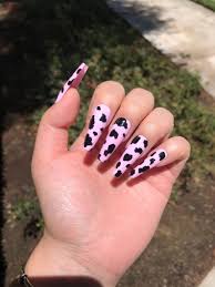 Pink Cow Print Nails Strawberry Milk Nail Set Cow Print Etsy In 2020 Cow Nails Bling Acrylic Nails Blue Acrylic Nails