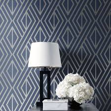 Geometric shapes make a room feel organized and together, making those in the room feel a sense of stability. Midnight Blue Navy Wallpaper Geometric Metallic Tropical Animals Floral Trellis Ebay Blue And White Wallpaper Blue Wallpaper Bedroom Geometric Wallpaper Living Room