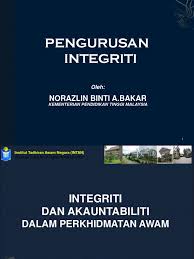 Teras perkhidmatan awam bagi mencapai slogan berkhidmat untuk negara maka perkhidmatan awam telah membentuk tujuh teras perkhidmatannya, iaitu: Integriti Isu Integriti Dan Akuantibiliti