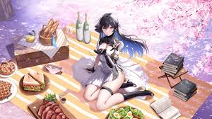 amanun, selena (punishing: gray raven), punishing: gray raven, absurdres,  highres, 1girl, baguette, basket, black hair, blue eyes, blue hair, book,  boots, bottle, box, bread, breasts, cherry blossoms, cleavage, colored  inner hair, dress,