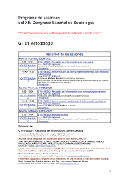 Programa de sesiones del XIV Congreso Español de Sociología GT 01  Metodología
