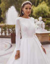 Elegant Satin Embroidered Long Sleeve Wedding Dress Etsy Modest Wedding Dresses White Beaded Dress Charming Dress