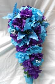 Purple And Turquoise Blue Cascade Wedding Bouquet Lilies And Roses2 Pc Wedding Bouquets Purple Wedding Theme Turquoise Wedding