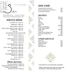 Fine Lines Hair Salon Services Menu Newton Ma Salon Menu Nail Salon Prices Salon Price List