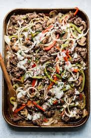 Sheet Pan Philly Cheesesteak The Modern Proper Recipe Philly Cheese Steak Sheet Pan Recipes Sheet Pan