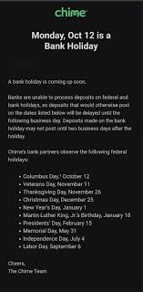 Although online and mobile banking is still available on these holidays, the federal reserve is closed, and as a result, no transactions will be processed until the next business day. Upcoming Bank Holiday Chimebank