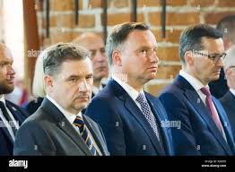 Piotr Duda, Chairman of NSZZ Solidarnosc, Andrzej Duda, President of  Poland, during the Holy Mass in St. Bridget Church in 38th anniversary of  Gdansk Stock Photo