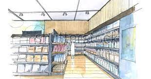 Hand Sketch Perspective View Of Supermarket Interior Architecture Drawing Perspective Sketch Interior Design Sketches
