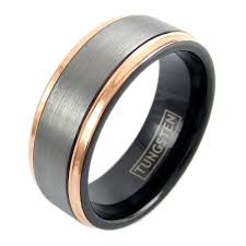 Awesome Three Tone Black Tungsten Ring With Silver Satin Band And Rose Gold Stepped Edges Couple Ring Black Tungsten Rings Mens Wedding Rings Platinum Black Wedding Band