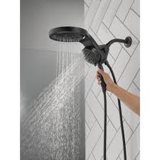 Delta Hydrorain Two In One 5 Spray 6 In Dual Wall Mount Fixed And Handheld H2okinetic Shower Head In Matte Black 58680 Bl25 The Home Depot In 2020 Shower Heads Handheld Shower Head Rainfall Shower