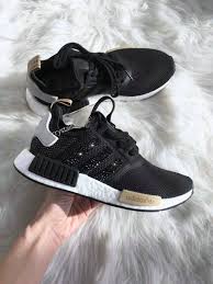 Adidas Nmd Black And Gold Womens 2018 2019 New Arrival Running Shoes Authentic Adidas Nmd Sneakers Black Gold White Adidas Sripes Logos Swarovski Crystals S Nmd Sneakers Popular Shoes Sneakers