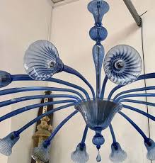 Blue, turquoise, and white handblown glass chandelier medium: Original Venini Chandelier With Light Blue Blown Glass 1920