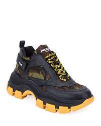 Prada Men S Pegasus Camo Leather Chunky Sneakers In Black Yellow Modesens Sneakers Chunky Sneakers Prada Sneakers