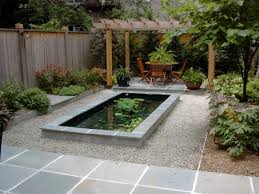 Garden With Cute Wood Pergola Idea Feat Modern Small Pond Design Plus Gravel And Big Potted Plants Fountains Backyard Small Backyard Ponds Ponds Backyard