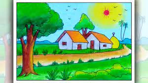 How To Draw Simple Scenery For Beginners Easy Village Scenery Drawing Youtube Drawing idea for drawing competition.