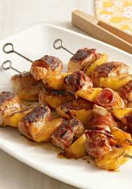 Barbecue Chicken And Peach Kabobs With Bacon Bacon And Fresh Sliced Peaches Give This Bbq Recipe Its Ridiculously Delicious S Recipes Bbq Recipes Food Dishes