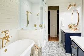 This Master Is Very Elegant With It S Navy Vanities Marble Tile And Of Course Brushed Gold Fixtures Elegant Bathroom Gold Bathroom Amazing Bathrooms