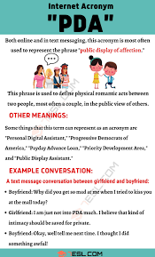 Pda Meaning What Does The Acronym Pda Stand For 7 E S L In 2020 English Vocabulary Words Meant To Be English Lessons