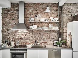 Exposed Brick Kitchen Splashback Kitchen Island Enveloped By White Marble White Wooden Double Doo Small Kitchen Renovations Exposed Brick Kitchen Brick Kitchen