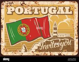 Portugal Travel, drapeau portugais plaque m&eacute;tal rouille, poster r&eacute;tro  vectoriel. Bienvenue, Portugal vous invite, les monuments de la ville et la  c&eacute;l&egrave;bre destination touristique Image Vectorielle Stock - Alamy