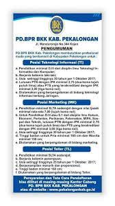 Bpr bkk (bank kredit kecamatan) purwokerto ini hampir tersebar luas di wilayaha kecamatan di kabupaten banyumas. Pengumuman Loker Bprbkkkotapekalongan Pengumuman Pengambilan Kspps Bmt Bahtera Pekalongan Facebook 2021 Calendar Holidays Excel Download Calendar 2 Carleen Murr
