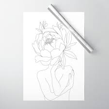(step 11) draw a partial circle for the back of the head. Minimal Line Art Woman Flower Head Wrapping Paper By Nadja1 Society6