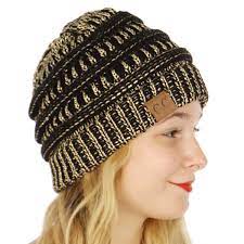 Descubre las últimas tendencias en moda. Black Gold Metallic Yarn Knit Cc Beanie Hat