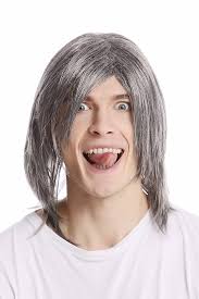 WIG ME UP-GFW892-44 Peluca hombre larga lisa raya medio Rockero mayor cool  color gris-oscuro con negro : Amazon.es: Belleza