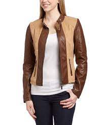 Edge And Attitude Define This Fitted Faux Leather Jacket Styled With Color Block Panels And A Moto Inspired Mock Neckline Odezhda Kurtka Korichnevye Cvety
