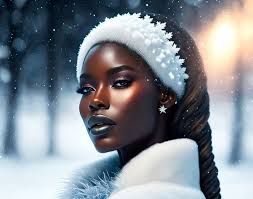 Digital portrait of woman with snow in hair, dramatic makeup, white outfit,  winter background