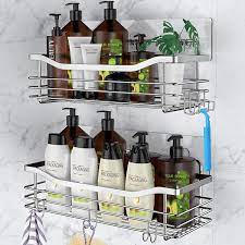 Flowmist 2 tiers corner shower caddy, shower organizer, wall mounted aluminum shower shelf with adhesive(no drilling), storage rack for toilet,shampoo,dorm and kitchen. Amazon Com Orimade Adhesive Shower Caddy Basket Shelf With 5 Hooks Organizer Storage Rack Rustproof Wall Mounted Stainless Steel No Drilling For Bathroom Toilet Kitchen 2 Pack Home Improvement