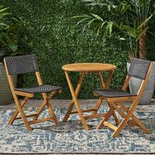 Noble House Hillside Teak Brown 3 Piece Wood And Wicker Round Outdoor Bistro Set 65533 The Home Depot In 2020 Outdoor Bistro Set Bistro Set Outdoor Dining Set