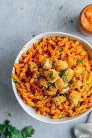 Pasta Romesco With Crispy Baked Tofu Recipe Baked Tofu Tofu Recipes Vegetarian Recipes
