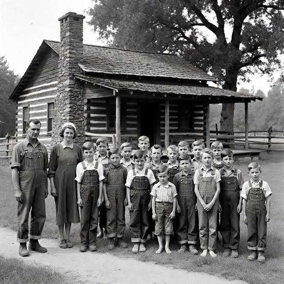In 1955, the Harrison family of Jonesborough, Tennessee, became a national symbol of American values, renowned for raising 13 sons. This iconic portrait captures Mr. and Mrs. Emory Harrison standing p