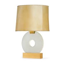 Painted oak, sandblasted and gilded, brass and satin / painted, gilt and sanded oak, brass and silk. Disk Lamp Jean Michel Frank Galerie Patrick Gutknecht